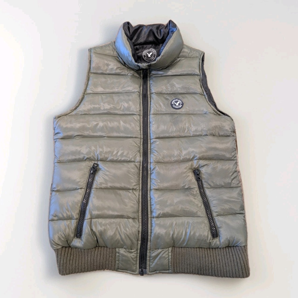 American Eagle Puffer Vest Womens Medium Green Duck Down Olive Retro Streetwear